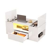 Coffee Table (100 X 50 X 40 Cm), Side Table With One Drawer, Console Table With Two Compartments, High-Gloss Lacquered Living Room Table With LED Lighting, Coffee Table With 6 Storage Compartments, White - White - View 9