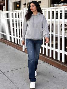 Pantalones vaqueros rectos de pierna azul oscuro con diseño femenino, estilo europeo y americano de 2025, lavados y envejecidos con tecnología de corte de cuchillo retro, cintura alta, ajuste delgado y pantalones casuales estilizadores - Azul oscuro - Ver 2