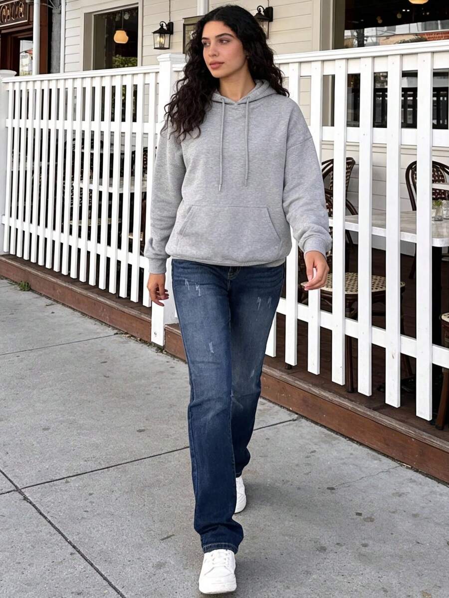 2025 New European And American Style Dark Blue Straight Leg Jeans With A Female Design Sense, Washed And Aged Retro Knife Cut Hole Technology, High Waisted Pants, Slim Fit And Slimming Casual Pants - Màu xanh đậm - Xem 1