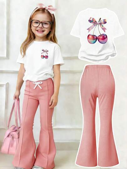 Toddler Girls' Cartoon Print Round Neck Short Sleeve Top And Flare Pants Set
