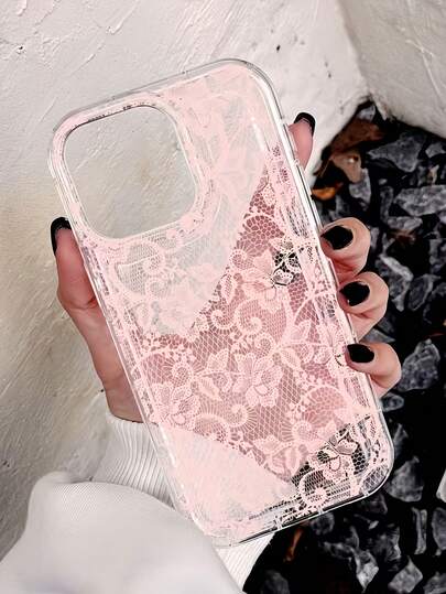 1 st stötdämpande luftkudde transparent rosa rutigt spetsmönster telefonskal, personligt skyddande fodral för iPhone 16 Pro Max, 17/16/15/14 Plus/13/12/11, Air, Series