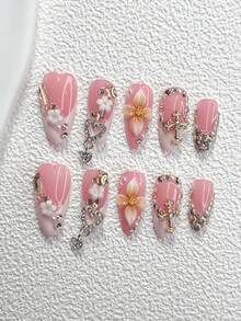 10片装梦幻美甲贴纸，亚克力美甲套装，白色五瓣花，银色水钻双心，金色十字架，不对称棕色水钻，手工四瓣棕色花朵美甲装饰，闪亮不对称水钻美甲设计，手工按压式美甲贴片 - 彩色 - 查看 17