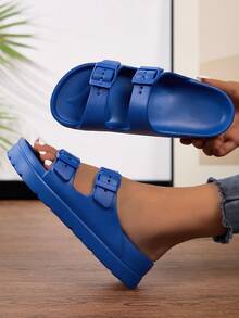New Fashion Thick Bottom Elevated Sandals For Women, Versatile EVA Lightweight Comfortable Soft Double Adjustable Strap Sandals For Home, Party, Beach, Work, Shock-Absorbing - Royal Blue - View 3