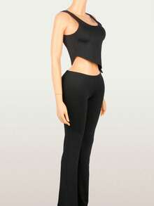 Trang phục thường ngày cho nữ đi chơi, trang phục ngày Valentine, trang phục phong cách grunge cho nữ, bộ hai mảnh áo tank top và quần dài, trang phục thể thao cho nữ màu đen mùa hè. - màu đen - Xem 3