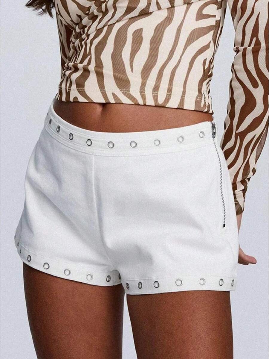Women Low Waist Studs Fold Over Micro Short Punk Y2K Casual Mini Bottoms Shorts Pj Skinny Yoga Pajamas - 白色 - 查看 1