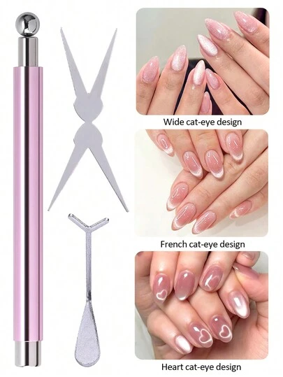二合一猫眼美甲磁性笔套装，包含新款法式猫眼和心形猫眼配件，多功能强磁性美甲工具，适用于猫眼凝胶美甲、家庭DIY美甲沙龙等。
