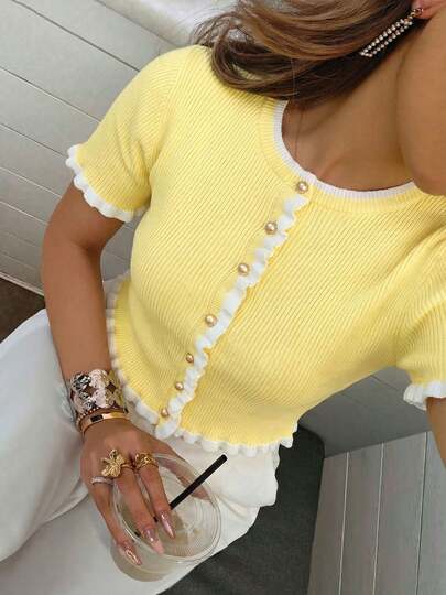 女士休闲优雅荷叶边针织开衫上衣，圆领，时尚短袖单扣设计，日常休闲穿着，春夏款