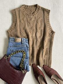 Women's Casual Solid Color Crew Neck Sleeveless Knit Tank Top, Spring/Autumn - Khaki - View 4