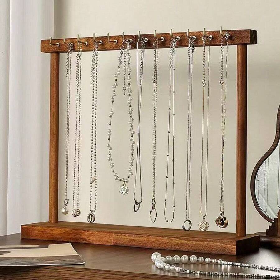 1pc Walnut Color Metal Jewelry Display Rack, Fashion Necklace Organizer, Jewelry Store Accessory, Home Necklace Storage, Essential For Back To School Season