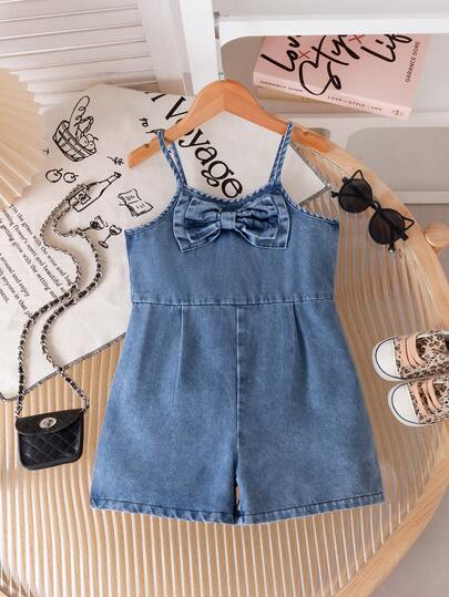 Young Girl's Elegant Butterfly Decor Camisole & Shorts Romper, Suitable For Summer Daily, Party, School, Outdoor, Commute