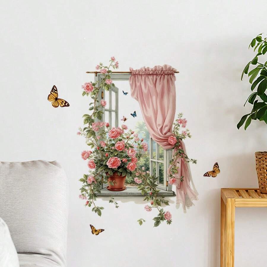 3D逼真花卉阳台窗户墙贴 - 带可开启百叶窗的仿真窗户，粉色玫瑰，绿色叶子贴纸，适用于卧室、客厅、阳台 - 可移除自粘墙贴（无需工具/专业知识） - 彩色 - 查看 1