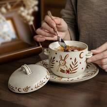 1pc Elegant Vintage Covered Double-Ear Ceramic Soup Bowl, Single Serving Porridge/Custard/Steamed Egg Cup - Multicolor - View 2