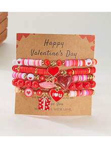 5件套情人节手链套装 - 心形“LOVE”玫瑰吊坠，多层手链套装，心形手链，聚合物粘土人造水晶串珠手链，情侣手链，情人节礼物，节日派对礼品，生日礼物 - 彩色 - 查看 2