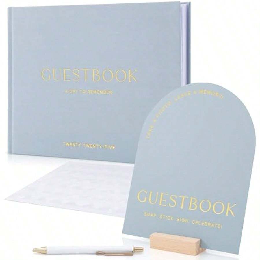 Beautiful Wedding Guest Book Set With Personalized 2026 Year For Your Wedding Reception Elegant Photo Guestbook W Linen Cover, Sign, Luxury Pen &Amp; Adhesive Photo Corners To Capture Memories Local Shipping - Blue - View 1