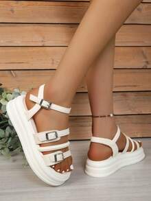 Women's Thick Sole Sandals, New Summer Fashion Versatile Dress Fairy Style Thick Sole Pearl Open Toe Roman Shoes - White - View 2