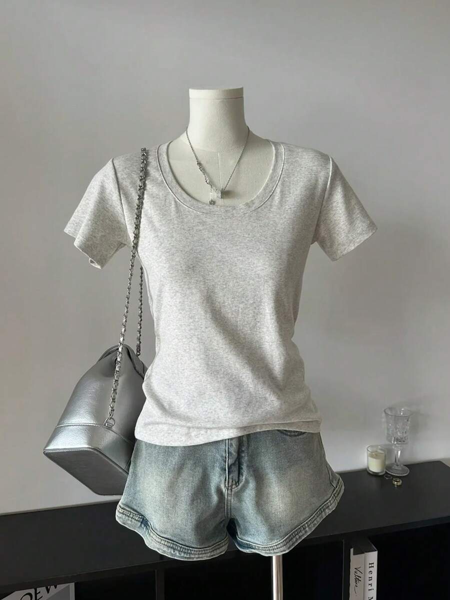 American Style Short Sleeve Crew Neck Fitted T-Shirt For Women, White, Spring/Summer Casual - Light Grey - View 1