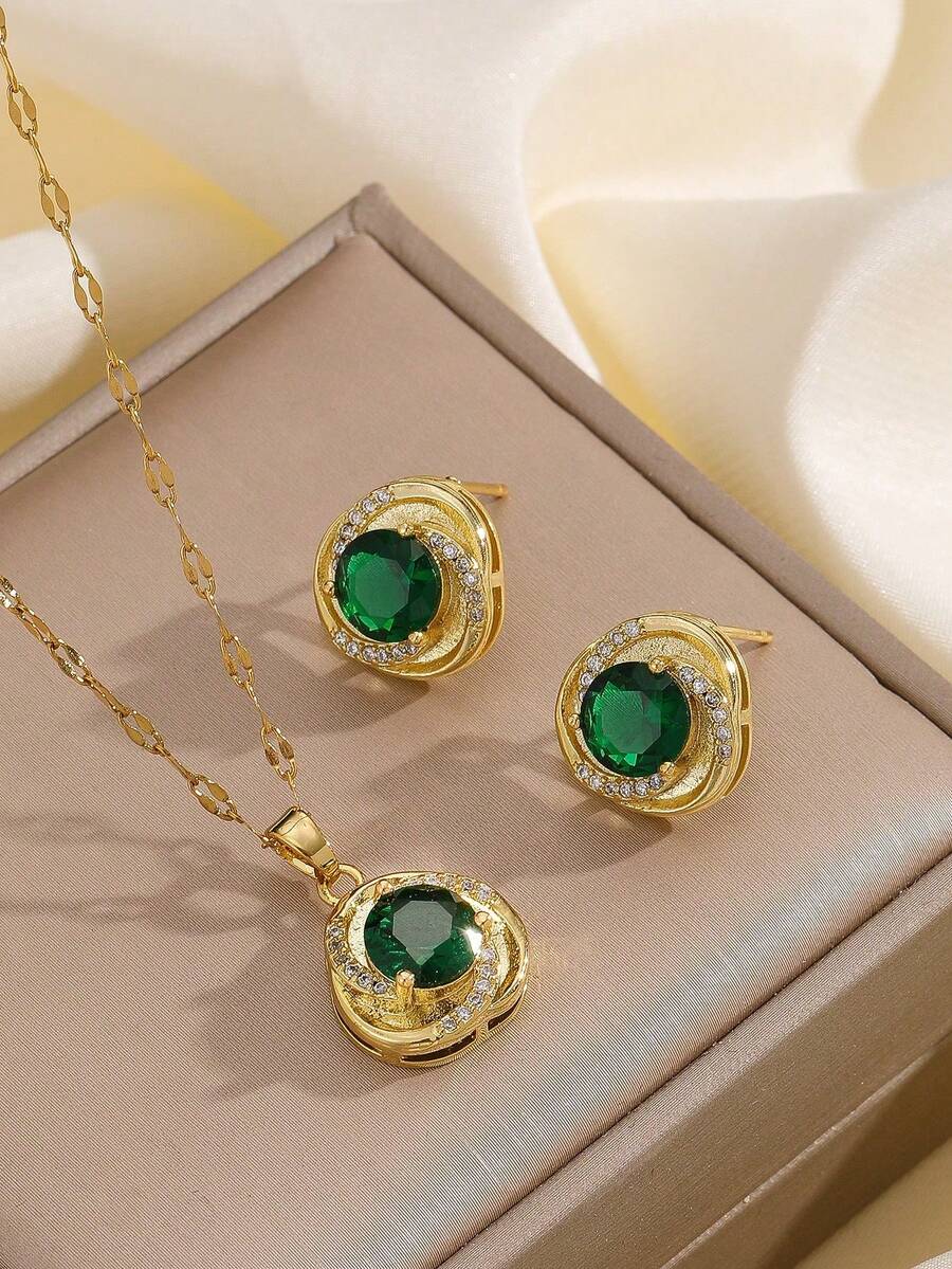 Bộ trang sức gồm dây chuyền và bông tai mặt dây chuyền đá Zirconia xanh lá cây bằng thép không gỉ, thiết kế sang trọng, đính đá toàn bộ, phụ kiện quà tặng. - màu xanh lá - Xem 1
