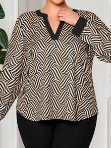 女士加大码春季日常休闲通勤舒适条纹印花拼接纯色V领长袖衬衫 - 杏色 - 查看 1