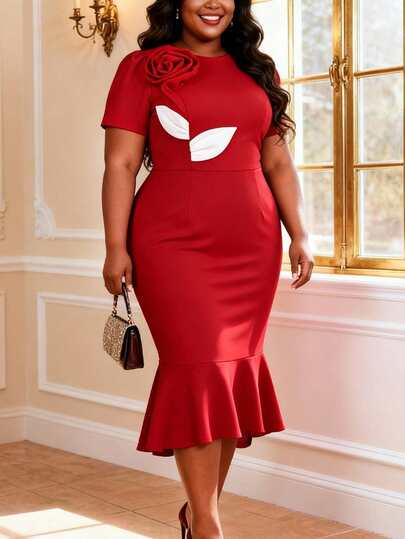 大码女士情人节红色紧身美人鱼连衣裙，饰有3D白色花朵贴花，款式端庄，适合曲线身材，是派对的理想之选。