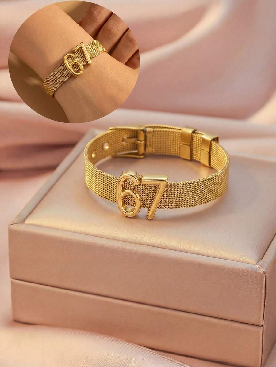 1件欧美朋克嘻哈棒球橄榄球阿拉伯数字67装饰表带手链，男女皆宜，适合足球爱好者，时尚运动风街头户外派对饰品，日常佩戴