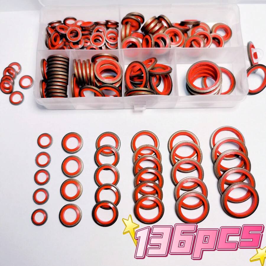 136件套油底壳放油螺塞垫圈密封件套装 - M6/M8/M10/M12/M14/M16 NBR橡胶和金属密封垫片，可更换防漏放油锁紧密封件，通用型，适用于汽车/卡车/液压系统，重型垫圈套装，带收纳盒 - 紅色 - 查看 1