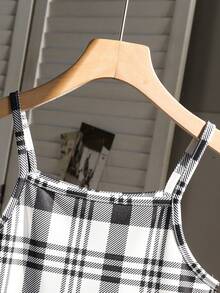 Tween GirlsCasual Fashionable Retro Ins Style Classic Black & White Plaid Pattern Fitted Snug Fit Slip Dress, Spring/Summer - Black and White - View 2