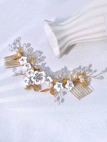 1pc Elegant Resin Flower Alloy Hair Comb, Fashion Hair Accessory For Women Suitable For Party, Gathering, Ball, Festival And Celebration - A - View 7
