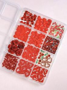 1Box Random Mixed ABS Valentine's Day Nail Charms 3D Red Bow Rose Lips Alloy Heart Cherry Rhinestone Flat-Bottomed Drill French Romance Nail Art Accessories DIY Nails - Multicolor - View 7