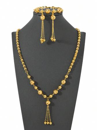 Juego de joyería vintage de lujo de 3 piezas con tono dorado, collar y pulsera de cuentas doradas de tamaños surtidos, pendientes colgantes a juego, juego de joyería de boda para mujer