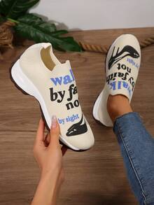Air-Cushioned, Thick-Soled, Casual Shoes With Letter Graffiti, Women's Casual Sports Shoes, Lightweight And Breathable, Convenient To Wear At Home Or Out. - Khaki - View 3
