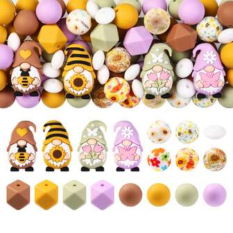 4/28/60pcs 3D Dwarf Beads DIY Craft Supplies - Spring Theme Silicone Focal Beads, Includes Sunflower, Daisy, Butterfly, Tulip, Bee & Cute Dwarf Head Shapes, Suitable For Pen Decor, Keychain Making (Loose Rubber Beads)