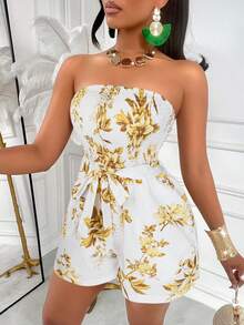 AIJ Bộ jumpsuit cúp ngực gợi cảm và thanh lịch dành cho nữ, họa tiết hoa ngẫu nhiên, thích hợp cho mùa hè. - Hoa vàng trên nền trắng - Xem 7
