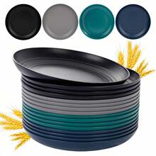 16pcs Lightweight Wheat Straw Plates,Unbreakable Plastic Dishes,Microwave Dishwasher  Party Plastic Dish,Beige Reusable Dinner Plates, Wheat Straw Dinnerware For Picnic,Birthday,Camping - 黑色/深灰色/深綠色/深藍色 - 查看 9