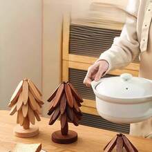 1 Set Foldable Tree-Shaped Black Walnut Wood Trivet Set, Heat Resistant Placemat & Coaster Set, Wooden Tableware Mat, Pot & Cup Pad - Multicolor - View 4