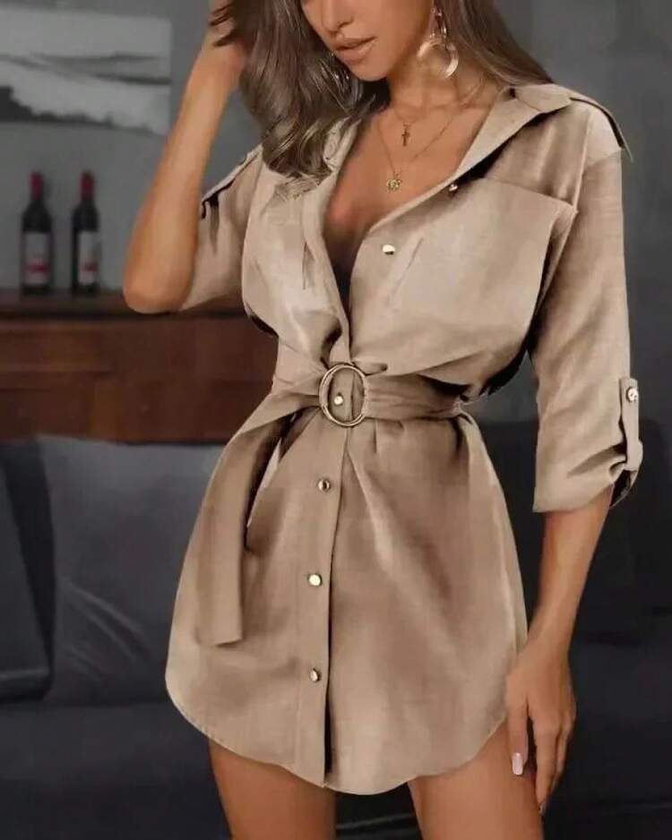 Solid Color Lapel Long Sleeve Dress - White - View 8