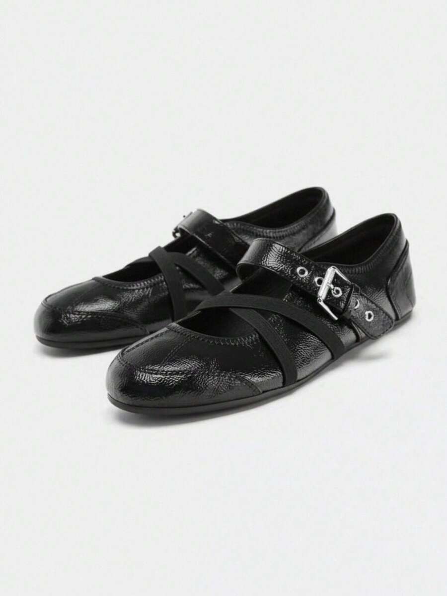 2025春季复古红色百搭魔术贴玛丽珍鞋，女士休闲圆头平底皮鞋 - 黑色 - 查看 1