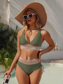 Bộ bikini gợi cảm phối màu độc đáo dành cho nữ, thích hợp cho kỳ nghỉ hè, đi biển. - xanh quân đội - Xem 3