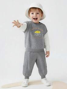 mini bala 2pcs Kids Sweatshirt & Pants Set, Unisex, Soft Cotton Blend, Slim Fit, Spring 2026 Collection - Medium Gray - View 3