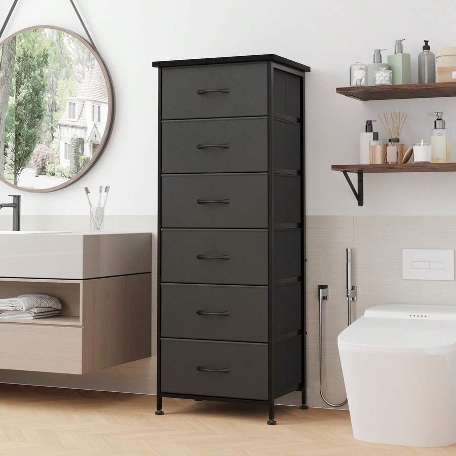 Tomnk 6-Drawer Water-Resistant Bathroom Storage Tower With Fabric Bins, Tall Cabinet For Bathroom Organization, Space-Saving Fabric Dresser For Towels & Toiletries, Bathroom Shelving Unit With Multiple Compartments, Ideal Mother's Day Gift - 黑色 - 查看 1
