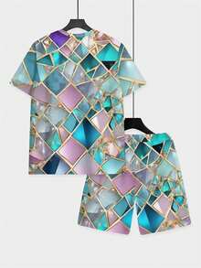 Two Eye-Catching Men's Art Exhibition Set Featuring A Pink, Blue, And Gold Crystal-Patterned Woven Fabric With A Glass-Like Texture, Perfect For Summer. Also Includes Short-Sleeved Beach Shorts And A Pink, Blue, And Gold Glass-Patterned Design. - 彩色 - 查看 5