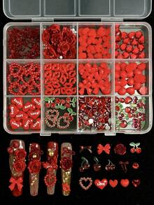 1Box Random Mixed ABS Valentine's Day Nail Charms 3D Red Bow Rose Lips Alloy Heart Cherry Rhinestone Flat-Bottomed Drill French Romance Nail Art Accessories DIY Nails - Multicolor - View 4