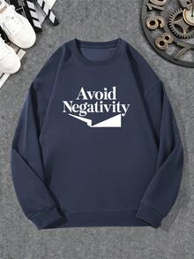 Sudadera Casual de Cuello Redondo con Patrón de Evitar Negatividad para Hombres - Azul Marino - Ver 6