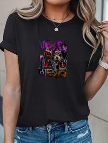 1pc Camiseta de Mujer con Gráfico de Villano de Dibujos Animados, Impresión de Doble Cara, Camiseta de Manga Corta de Primavera/Verano, Lavable a Máquina, Transpirable y Ligera, Suave y Cómoda, SKU-2 - Negro - Ver 6