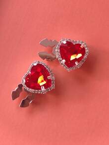 1PC/2PCS Heart Shaped Rhinestone Buckle Elegant Geometry Button Covers, Shirts Button Cover Clip On Button Covers Fashion Crystal Cufflinks Cover, Suitable For Tuxedo And Wedding Dresses Decoration - Red - View 3