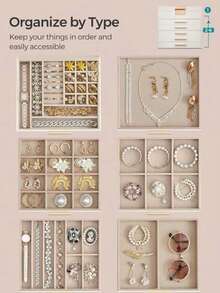 BOOVO 女士首饰盒，5-6 层大容量首饰收纳盒 - 透明盖方便展示，5-6 个抽屉方便有序收纳 - 适用于戒指、项链和手镯 - 柔软绒面内衬 - 仿皮材质，化妆间装饰 - 彩色 - 查看 9