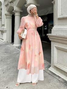 DAZY Spring/Fall Women's Oversized Floral Midi Dress For Vacation Long Sleeve Dress - Pink - View 5