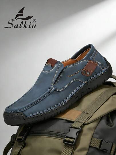 Salkin 时尚设计师手工男士乐福鞋，休闲一脚蹬，适合驾车穿着，价格亲民，品牌感十足，轻便柔软舒适，纯色普鲁士蓝鞋，防滑耐磨橡胶鞋底，平底鞋，男士真皮鞋，户外穿着，日常百搭，适合步行。春、夏、秋季均有穿着，尺码偏小，建议选择大一码。