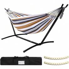 Double Hammock With Stand Included 450lb Capacity Steel Stand, Premium Carry Bag Included And Two Anti Roll Balance Beam, Portable Hammock With Stand For Backyard, Camping,Garden Brown Stripes - 咖啡 - 查看 1