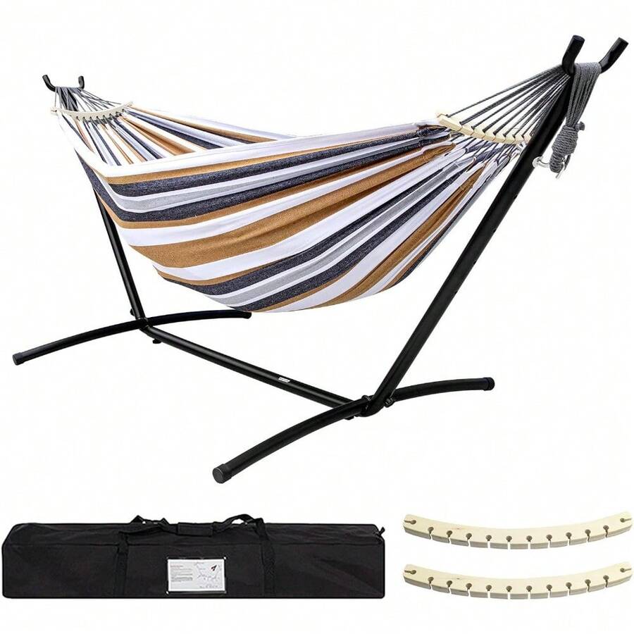 Double Hammock With Stand Included 450lb Capacity Steel Stand, Premium Carry Bag Included And Two Anti Roll Balance Beam, Portable Hammock With Stand For Backyard, Camping,Garden Brown Stripes - 咖啡 - 查看 1