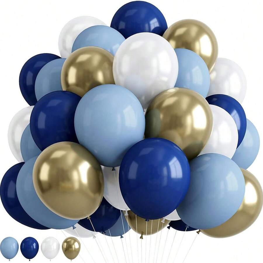 30个复古海军蓝金色白色气球 – 12英寸金属铬色和粉彩色乳胶气球，适用于航海主题生日派对、新娘送礼会、毕业派对装饰 - 彩色 - 查看 1
